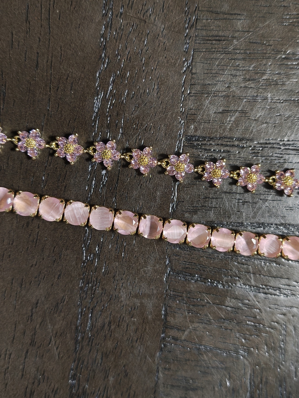 Gold-Tone Pink Floral and Pink Stone Bracelet Set